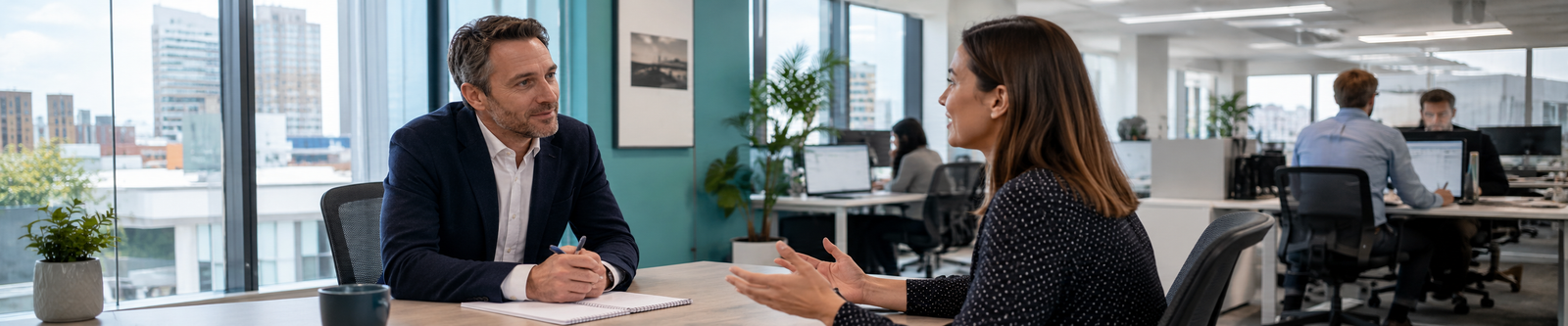 One-to-one coaching conversation in a professional office environment