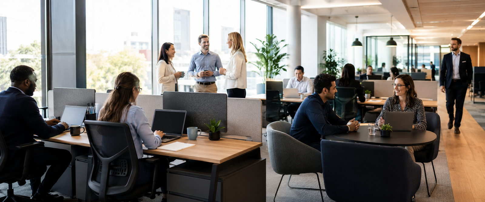 Diverse professionals in a modern open-plan office — Elevate Impact Training